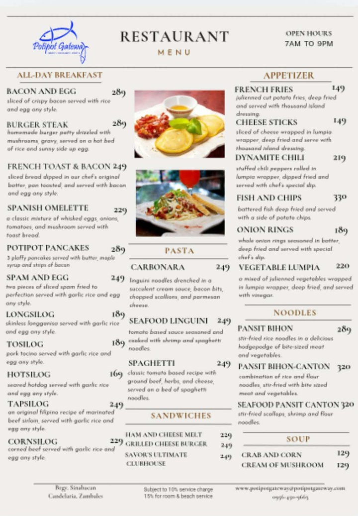 Savors Restaurant printed menu — All-day breakfast, Pasta, Sandwiches, Appetizer, Noodles and Soup